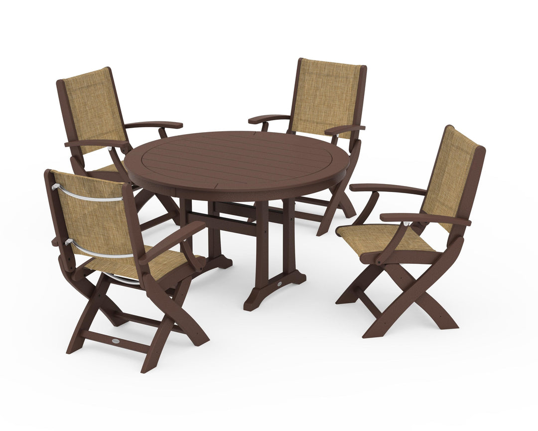 POLYWOOD® Coastal Folding Chair 5-Piece Round Dining Set with Trestle Legs