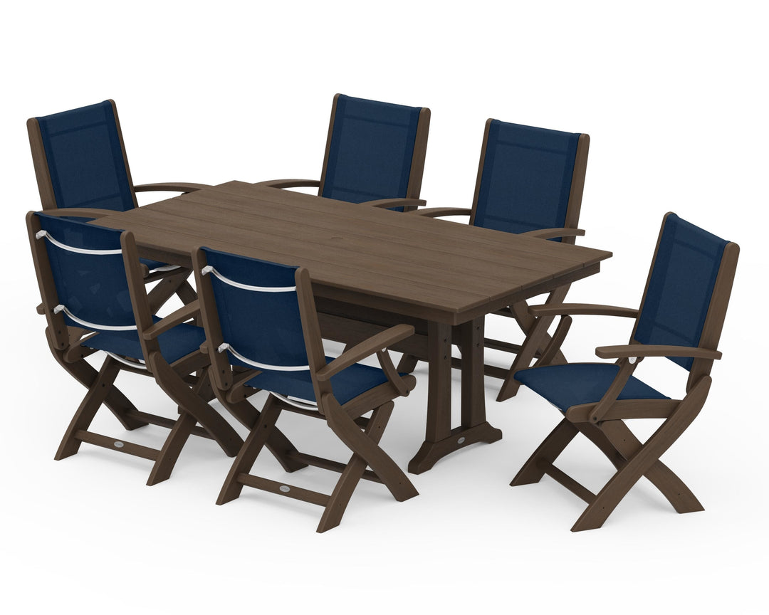 POLYWOOD® Coastal Folding Arm Chair 7-Piece Farmhouse Dining Set with Trestle Legs