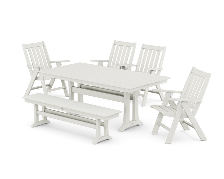 POLYWOOD® Vineyard 6-Piece Folding Chair Farmhouse Dining Set with Trestle Legs and Bench