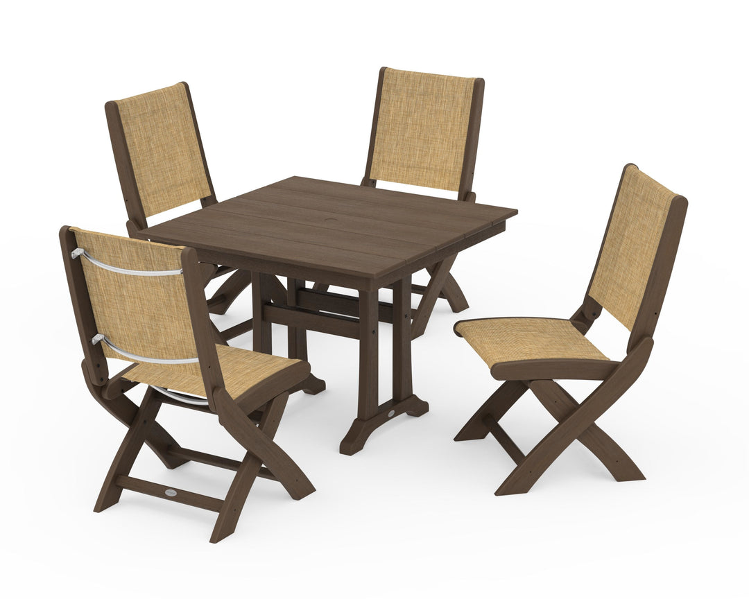 POLYWOOD® Coastal Folding Side Chair 5-Piece Farmhouse Dining Set With Trestle Legs