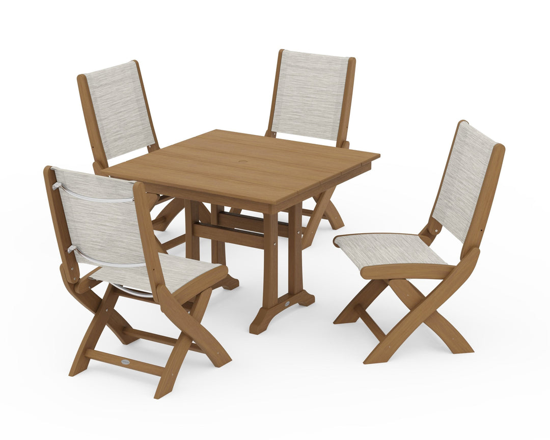 POLYWOOD® Coastal Folding Side Chair 5-Piece Farmhouse Dining Set With Trestle Legs