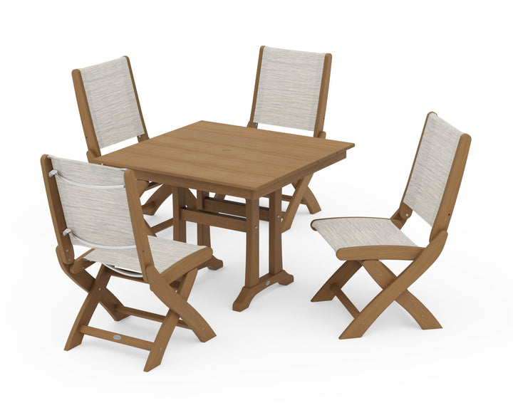 POLYWOOD® Coastal Folding Side Chair 5-Piece Farmhouse Dining Set With Trestle Legs