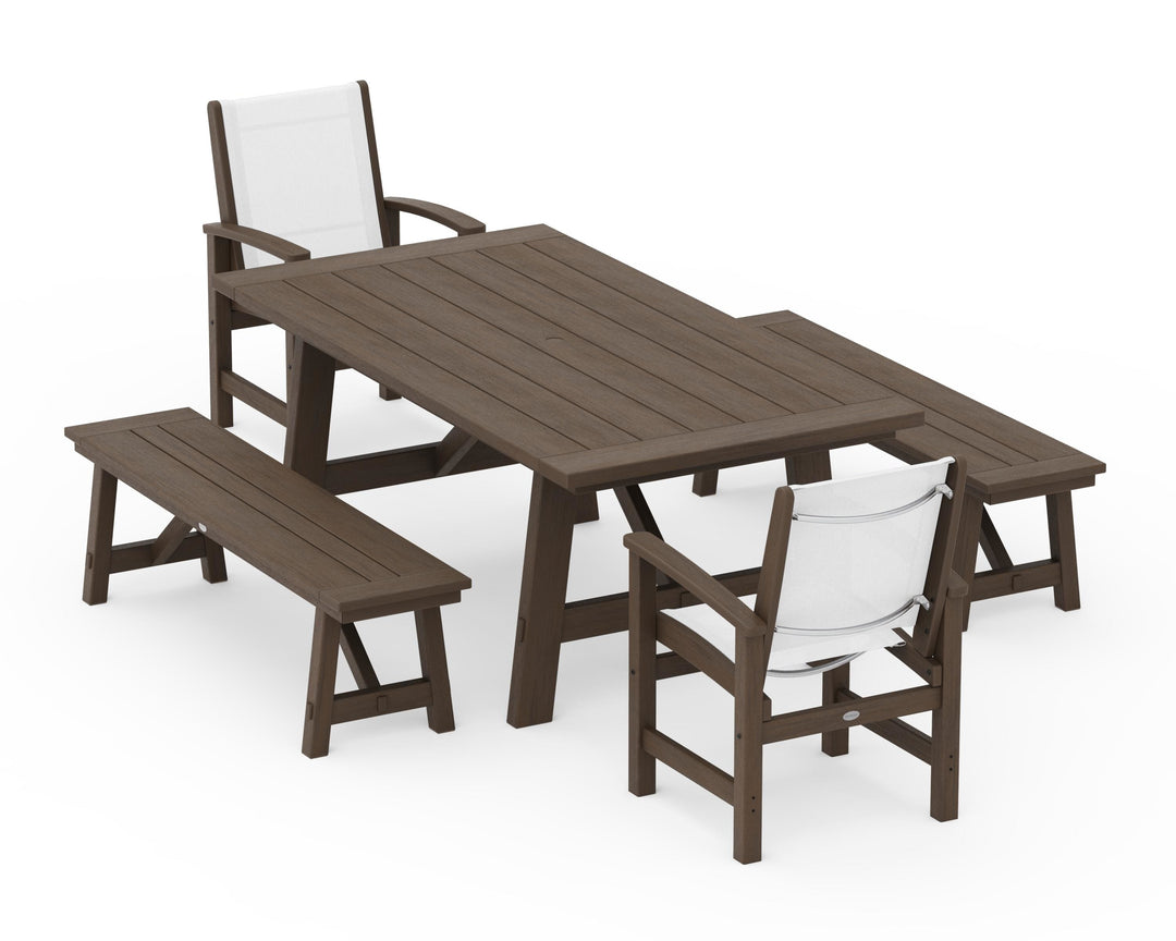 POLYWOOD® Coastal 5-Piece Rustic Farmhouse Dining Set With Benches