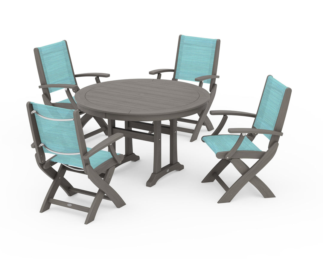 POLYWOOD® Coastal Folding Chair 5-Piece Round Dining Set with Trestle Legs