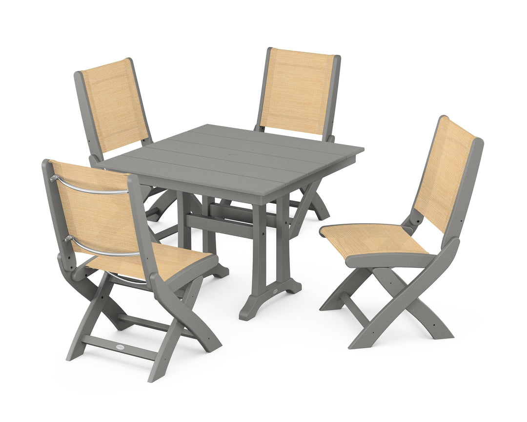 POLYWOOD® Coastal Folding Side Chair 5-Piece Farmhouse Dining Set With Trestle Legs