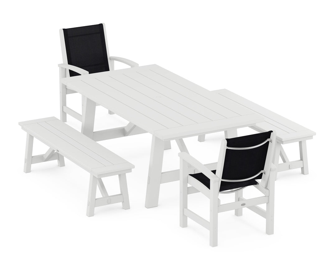 POLYWOOD® Coastal 5-Piece Rustic Farmhouse Dining Set With Benches