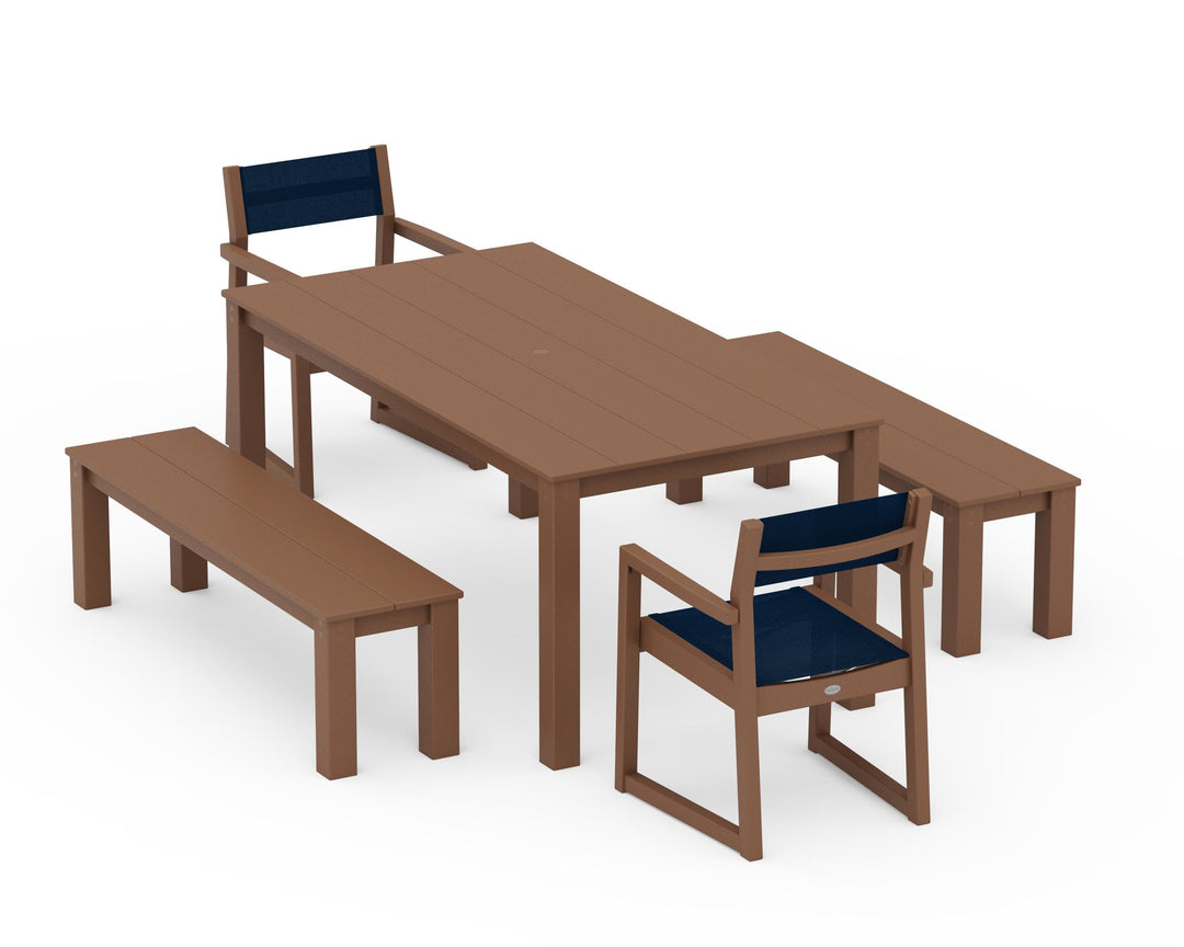 POLYWOOD® EDGE Sling Arm Chair 5-Piece Parsons Dining Set with Benches