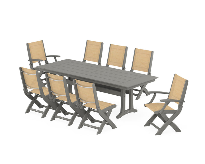 POLYWOOD® Coastal 9-Piece Folding Dining Chair Farmhouse Dining Set with Trestle Legs