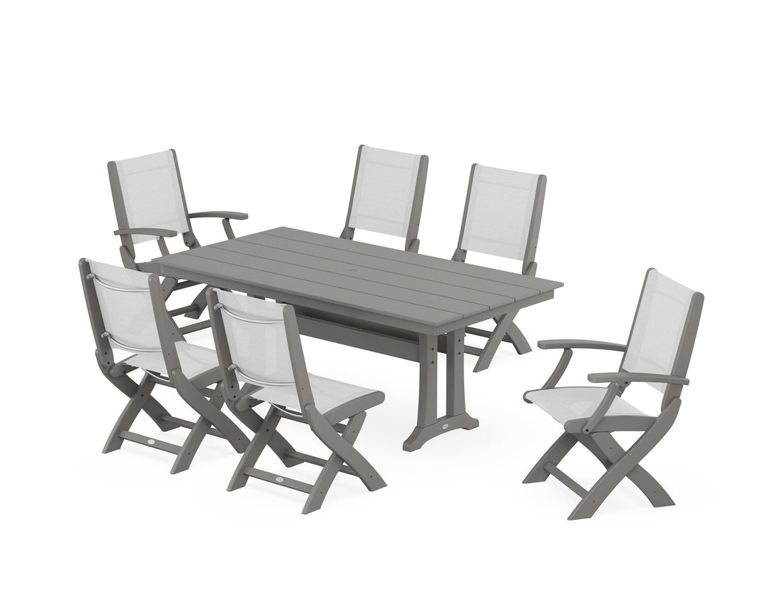 POLYWOOD® Coastal Folding Chair 7-Piece Farmhouse Dining Set with Trestle Legs