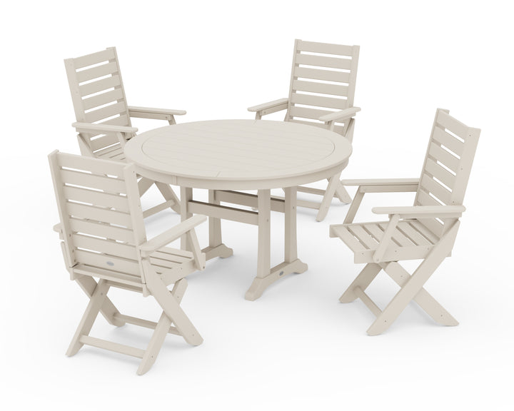 POLYWOOD® Captain Folding Chair 5-Piece Round Dining Set with Trestle Legs