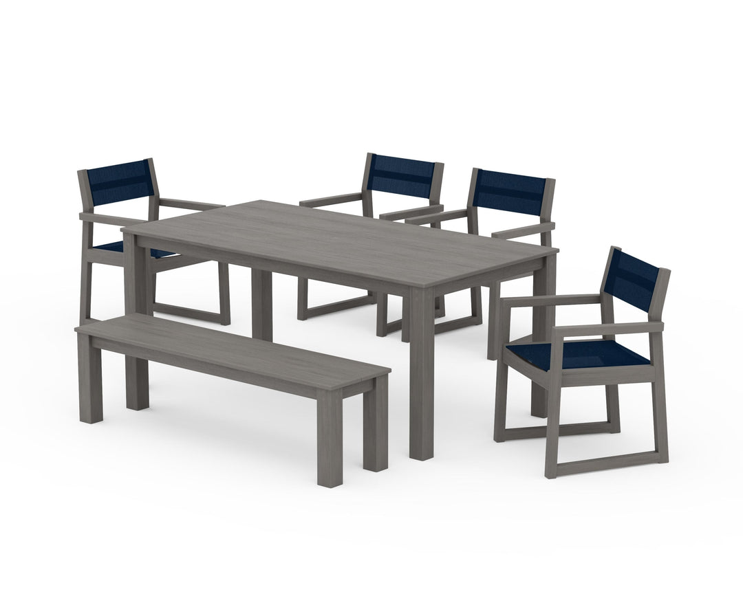 POLYWOOD® EDGE Sling Arm Chair 6-Piece Parsons Dining Set with Bench