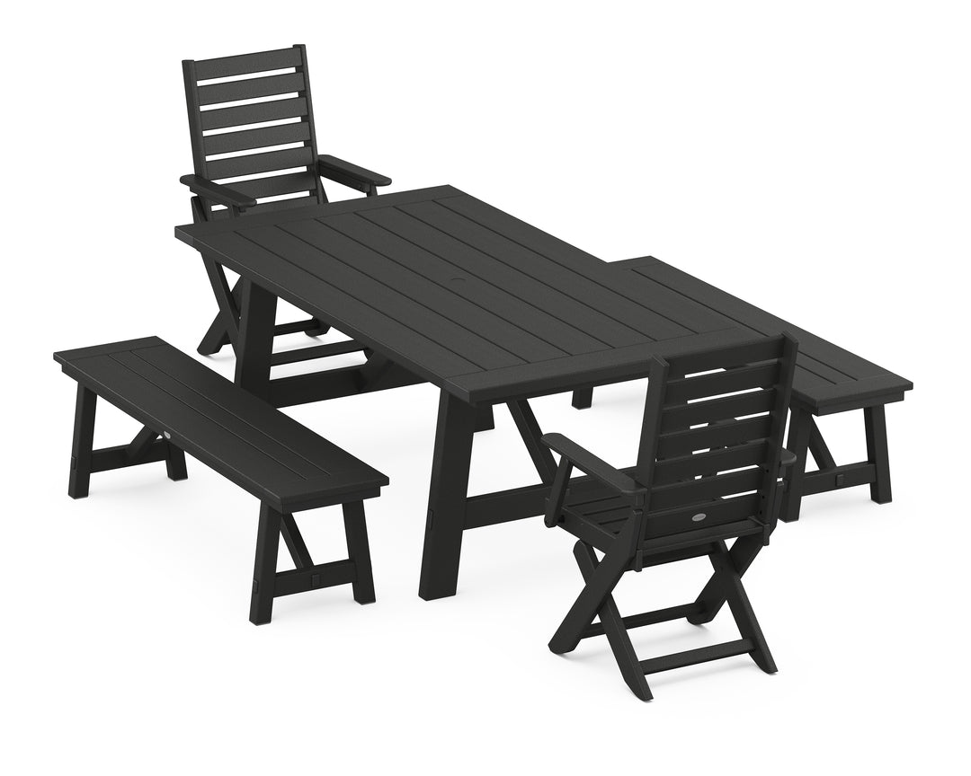POLYWOOD® Captain Folding Chair 5-Piece Rustic Farmhouse Dining Set With Benches