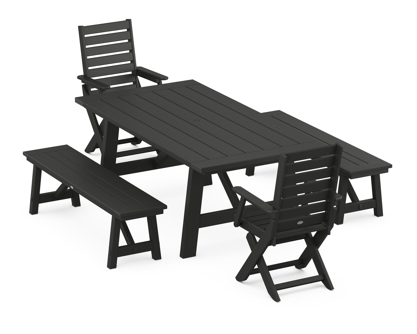 Captain Folding Chair 5-Piece Rustic Farmhouse Dining Set With Benches