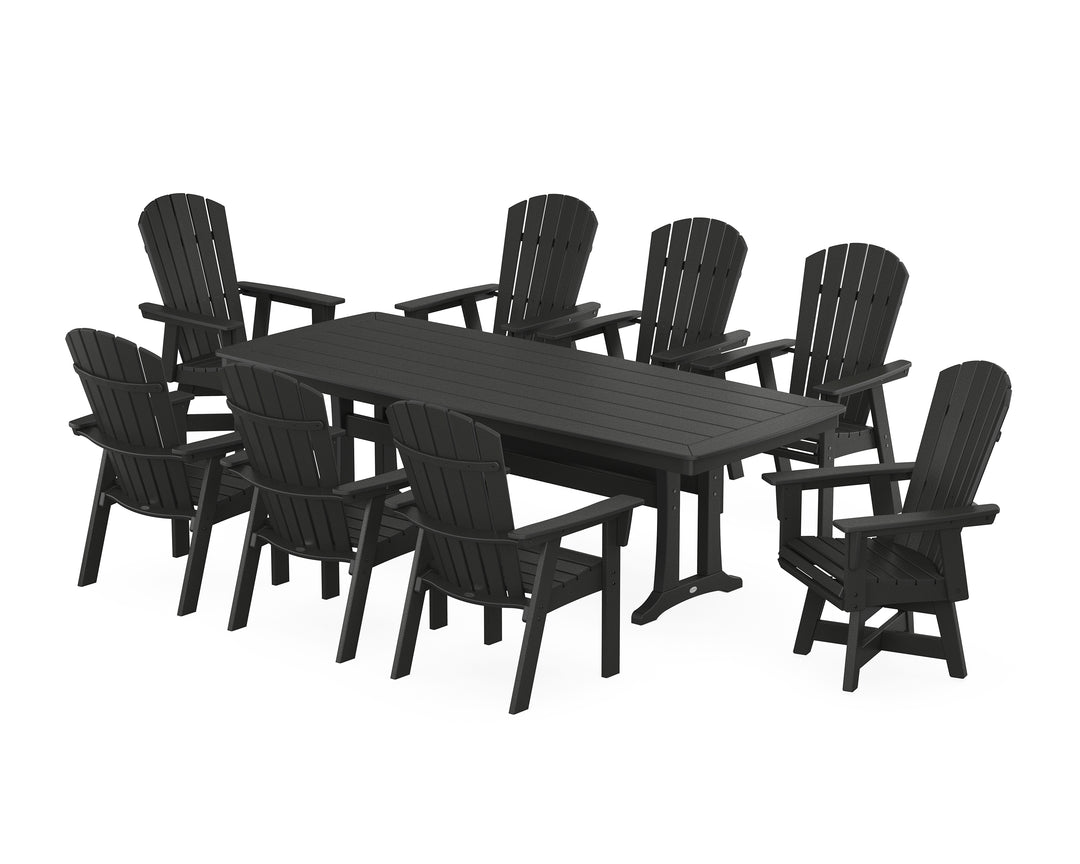 POLYWOOD® Nautical Curveback Adirondack Swivel 9-Piece Dining Set with Trestle Legs