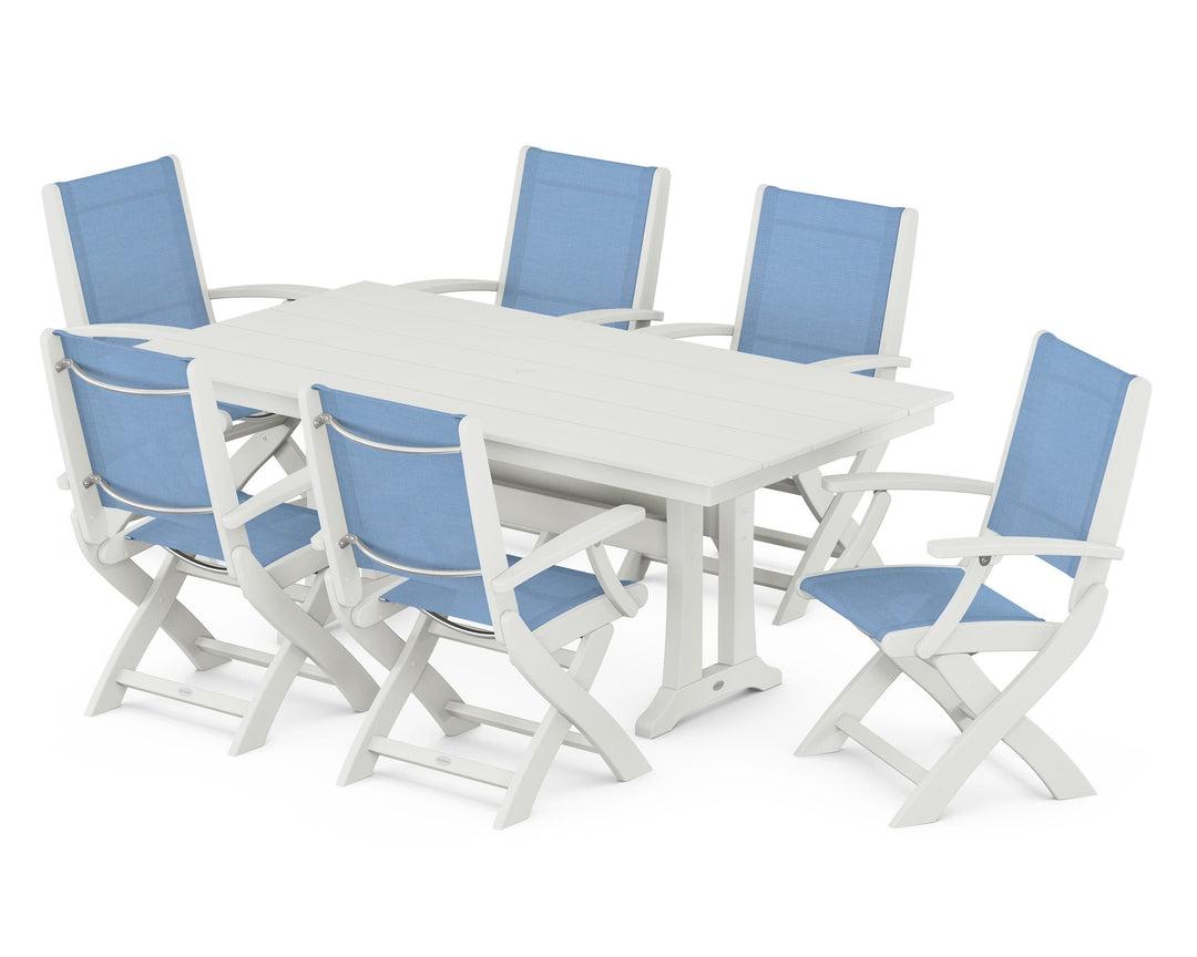 POLYWOOD® Coastal Folding Arm Chair 7-Piece Farmhouse Dining Set with Trestle Legs