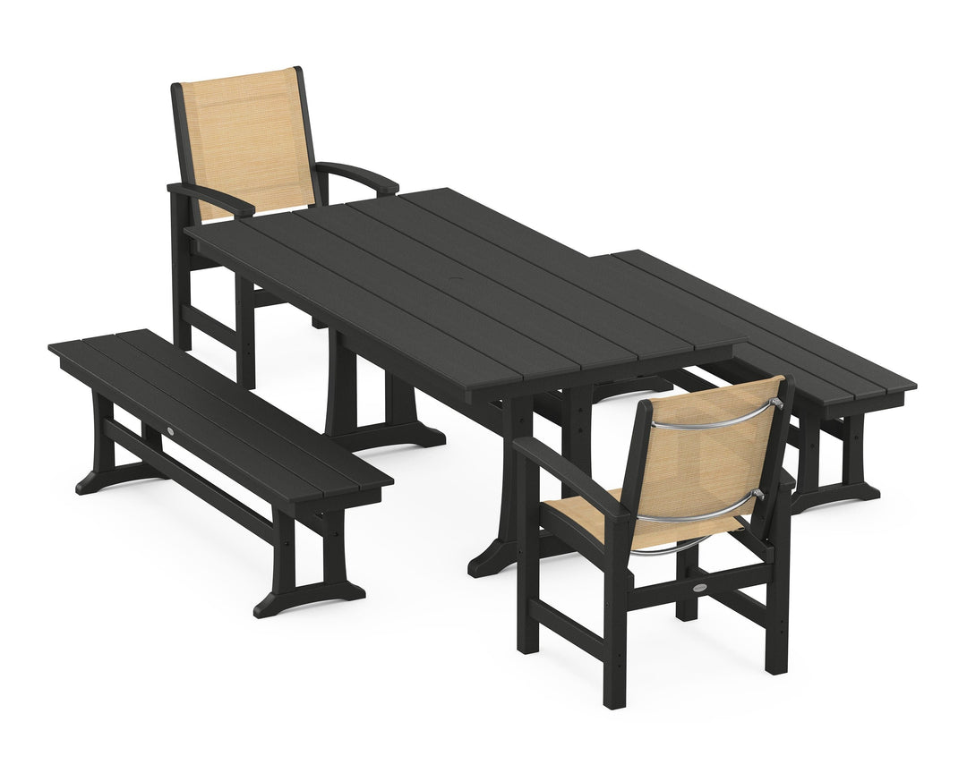 POLYWOOD® Coastal 5-Piece Farmhouse Dining Set with Trestle Legs and Benches