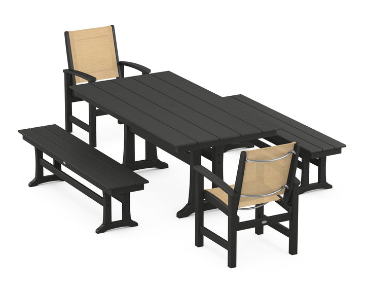 POLYWOOD® Coastal 5-Piece Farmhouse Dining Set with Trestle Legs and Benches