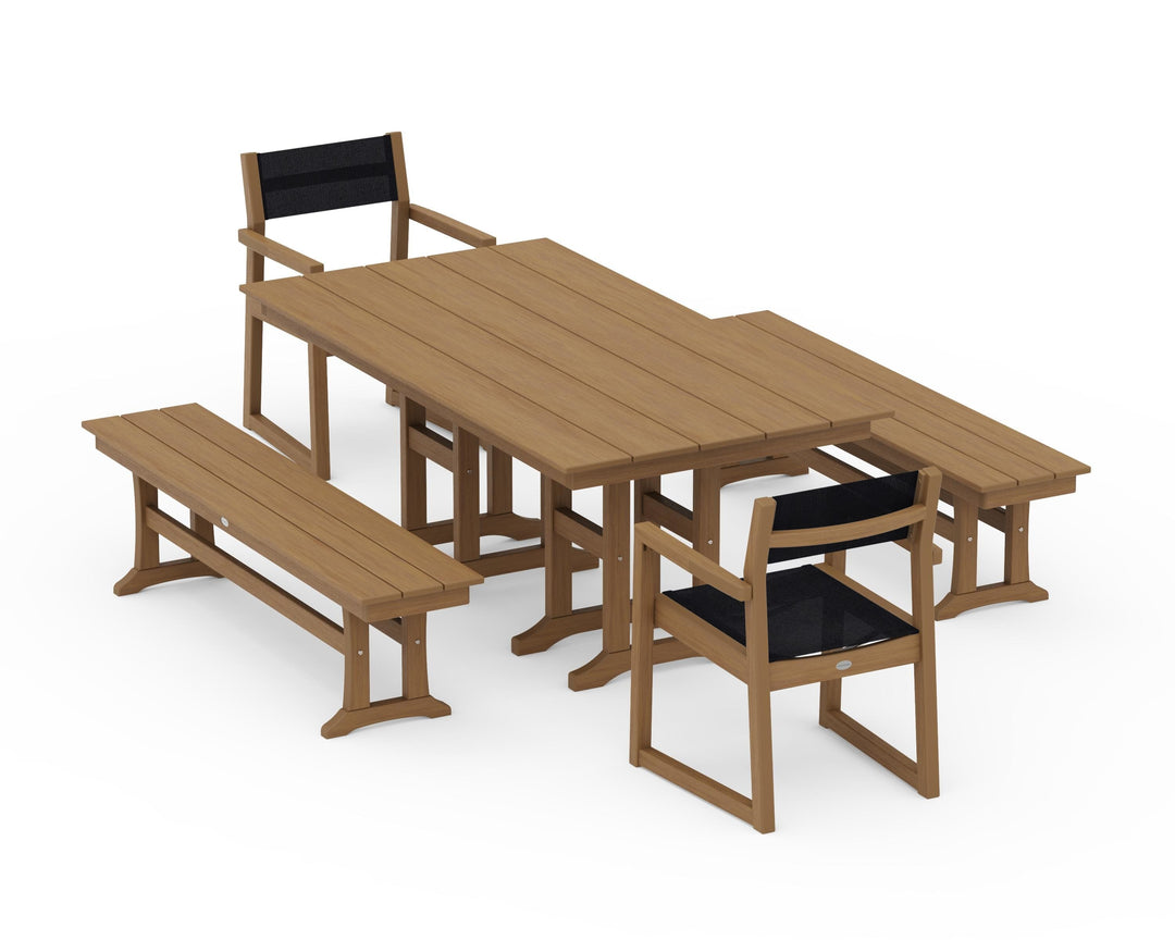 POLYWOOD® EDGE Sling Arm Chair 5-Piece Farmhouse Dining Set with Benches