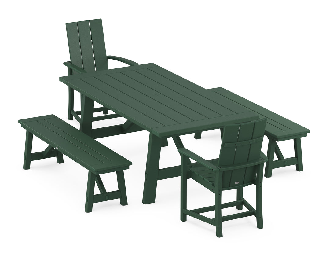 POLYWOOD® Modern Adirondack 5-Piece Rustic Farmhouse Dining Set With Benches