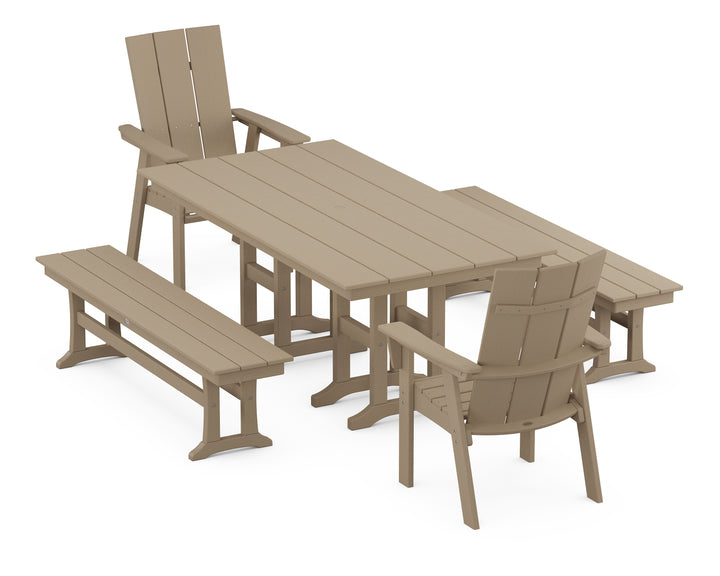 POLYWOOD® Modern Curveback Adirondack 5-Piece Farmhouse Dining Set with Benches