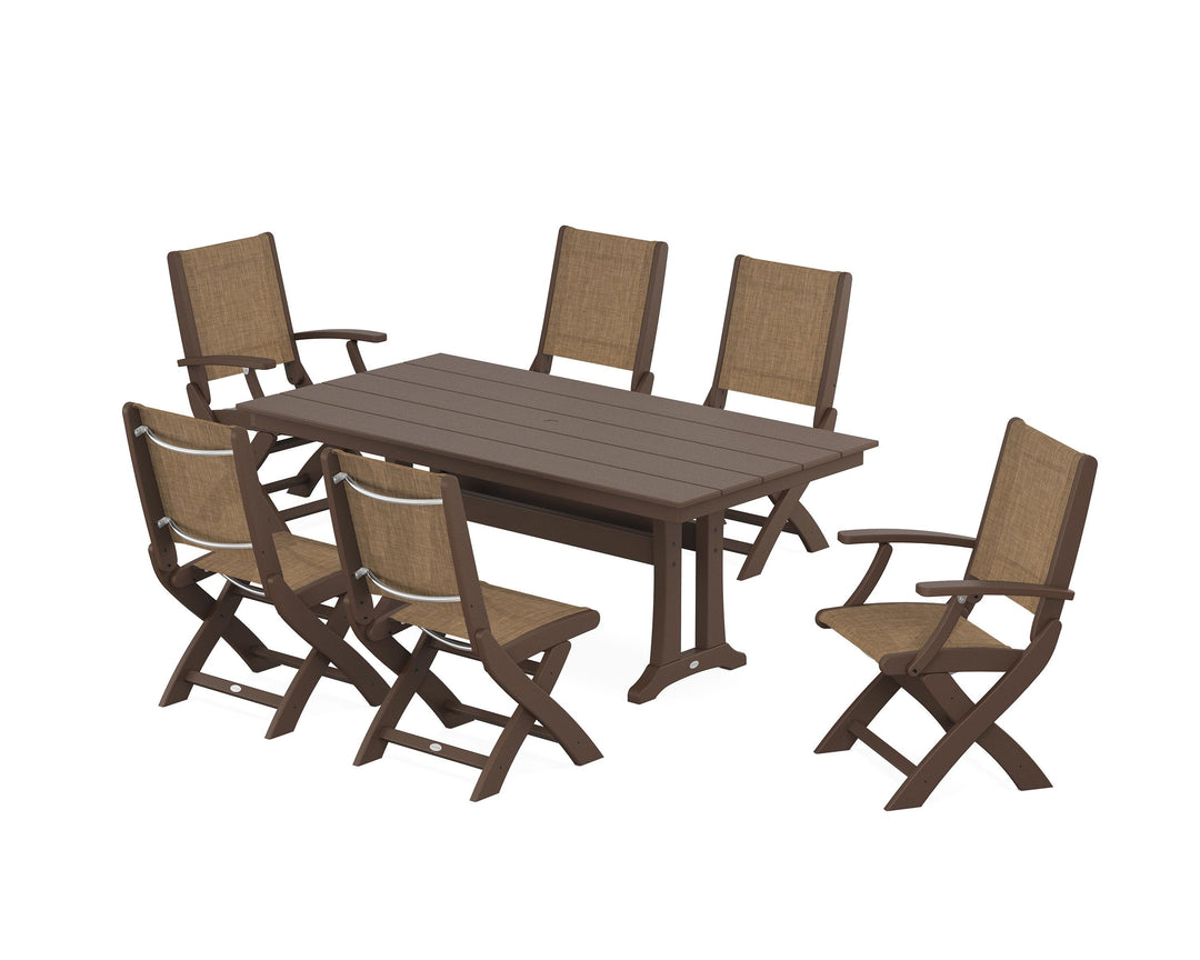 POLYWOOD® Coastal Folding Chair 7-Piece Farmhouse Dining Set with Trestle Legs