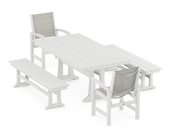 POLYWOOD® Coastal 5-Piece Farmhouse Dining Set with Trestle Legs and Benches