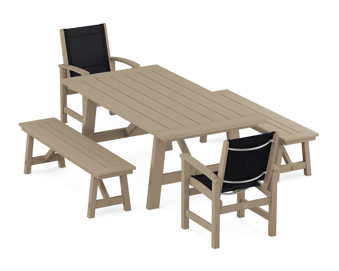 POLYWOOD® Coastal 5-Piece Rustic Farmhouse Dining Set With Benches