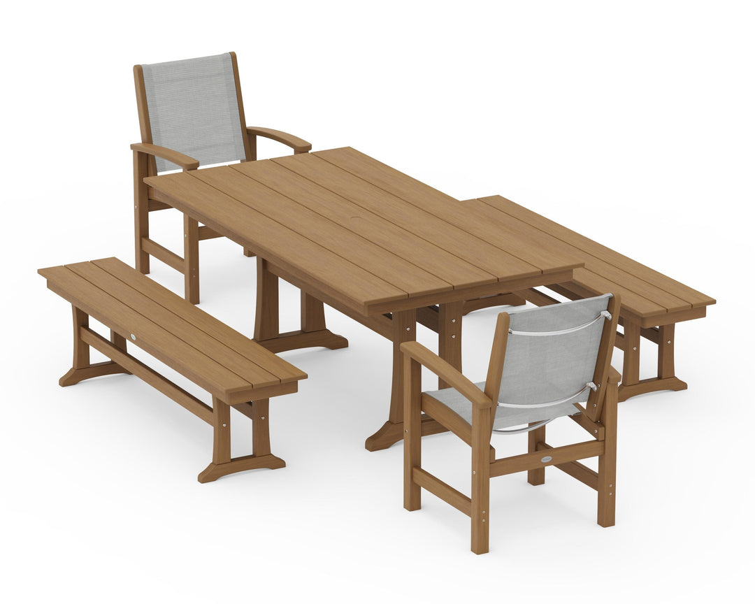 POLYWOOD® Coastal 5-Piece Farmhouse Dining Set with Trestle Legs and Benches