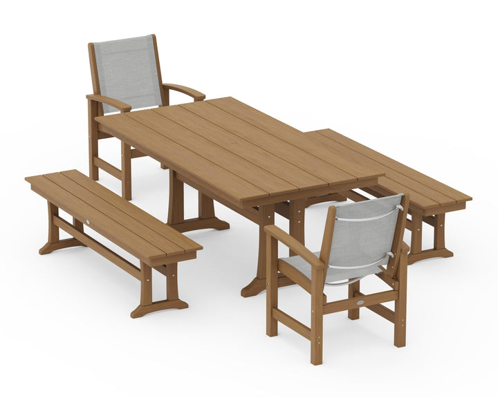 POLYWOOD® Coastal 5-Piece Farmhouse Dining Set with Trestle Legs and Benches