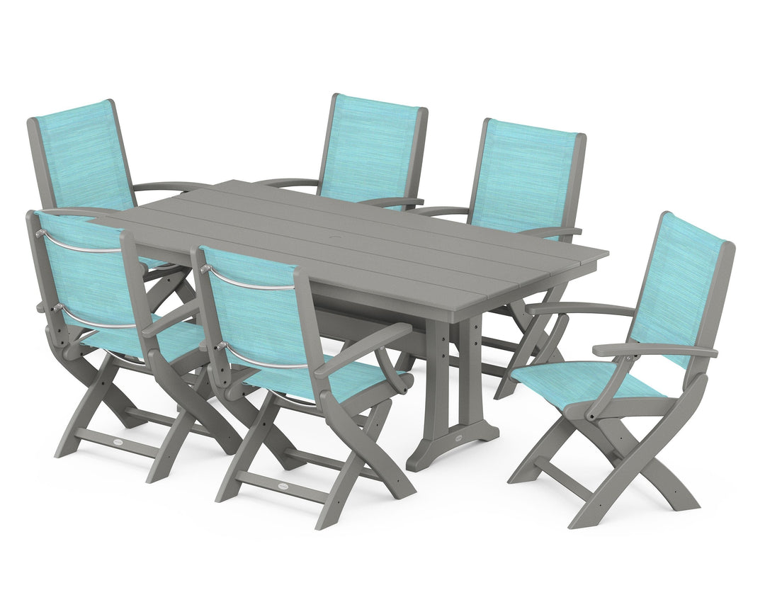 POLYWOOD® Coastal Folding Arm Chair 7-Piece Farmhouse Dining Set with Trestle Legs