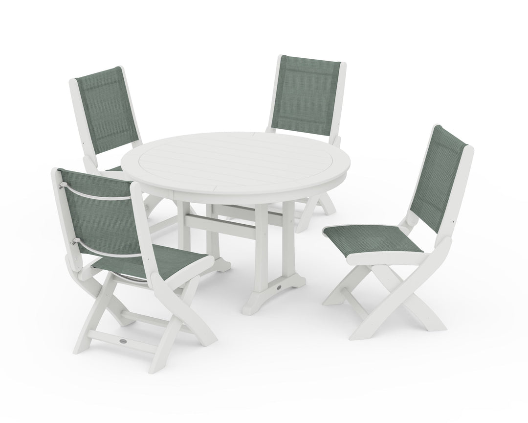 POLYWOOD® Coastal Folding Side Chair 5-Piece Round Dining Set With Trestle Legs