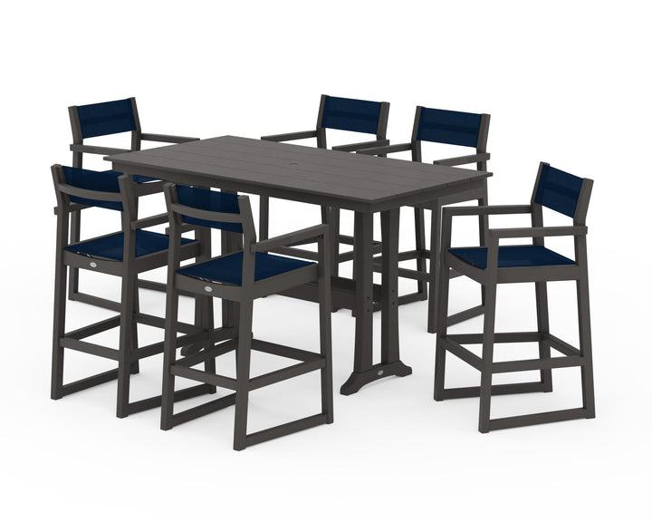 POLYWOOD® EDGE Sling Arm Chair 7-Piece Farmhouse Bar Set with Trestle Legs