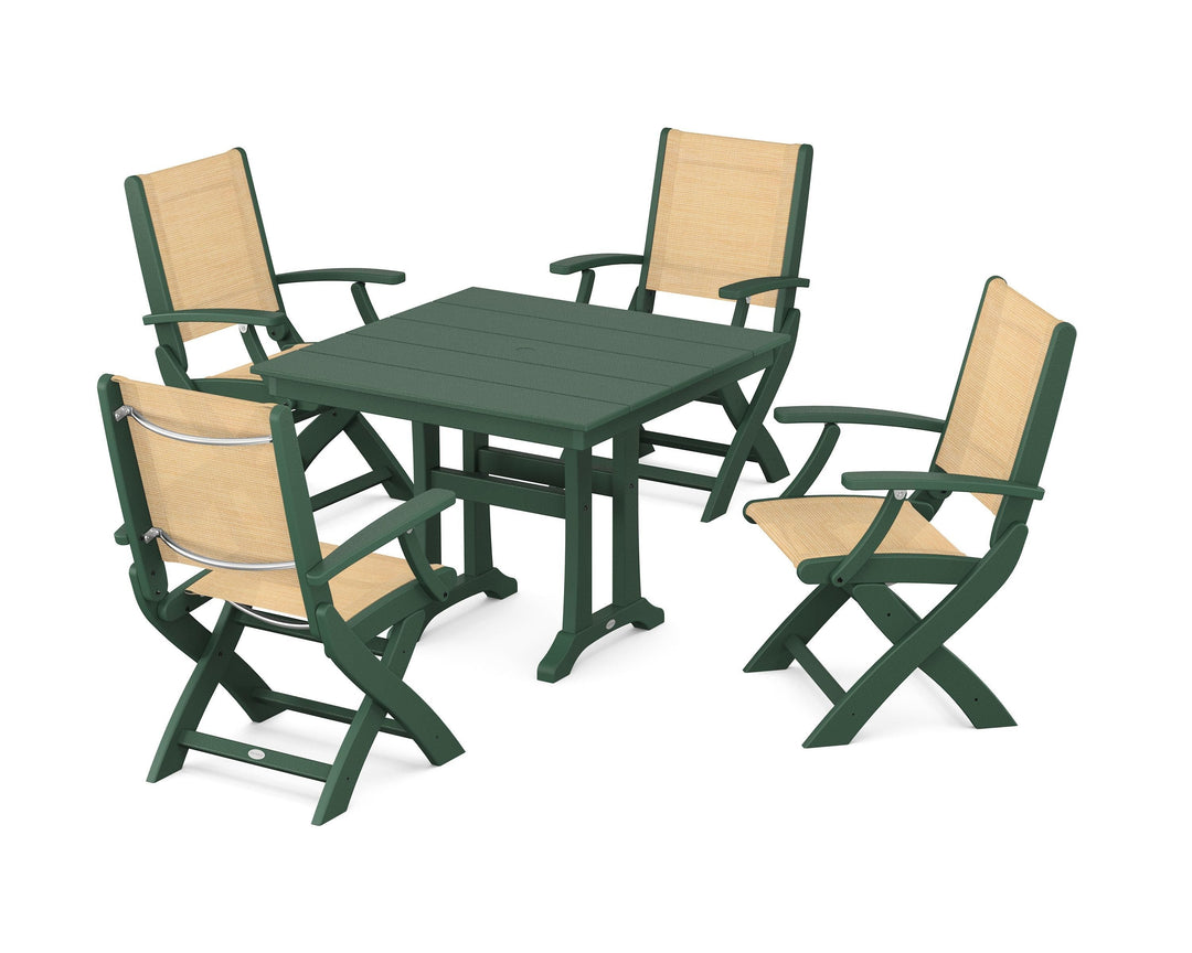 POLYWOOD® Coastal Folding Chair 5-Piece Farmhouse Dining Set With Trestle Legs