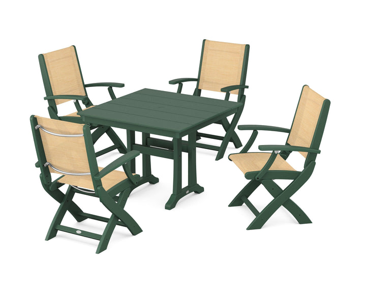 POLYWOOD® Coastal Folding Chair 5-Piece Farmhouse Dining Set With Trestle Legs