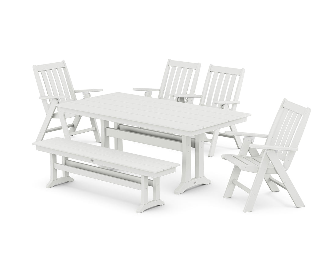 POLYWOOD® Vineyard 6-Piece Folding Chair Farmhouse Dining Set with Trestle Legs and Bench