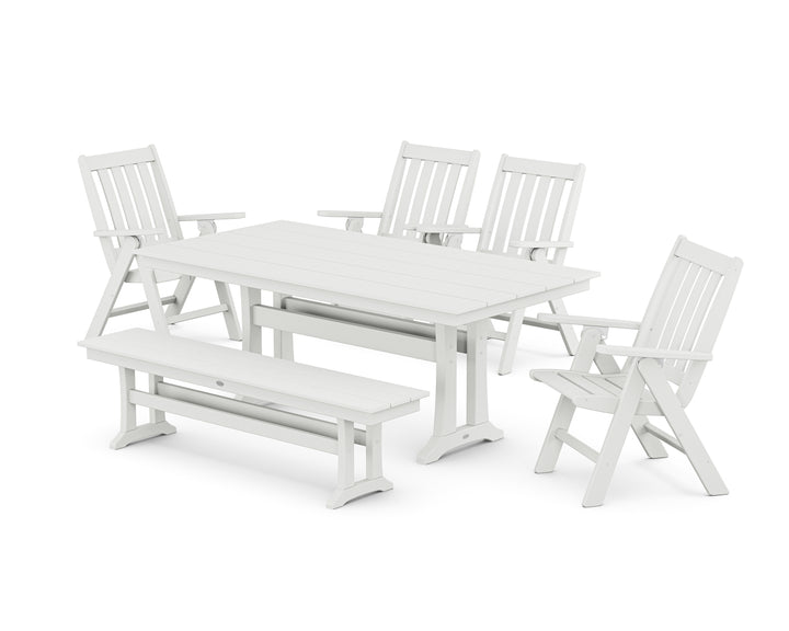 POLYWOOD® Vineyard 6-Piece Folding Chair Farmhouse Dining Set with Trestle Legs and Bench