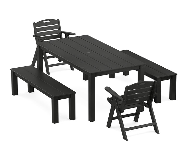 POLYWOOD® Nautical Folding Lowback Chair 5-Piece Parsons Dining Set with Benches