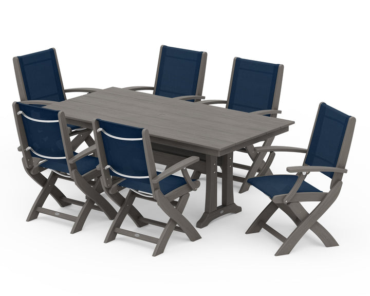 POLYWOOD® Coastal Folding Arm Chair 7-Piece Farmhouse Dining Set with Trestle Legs