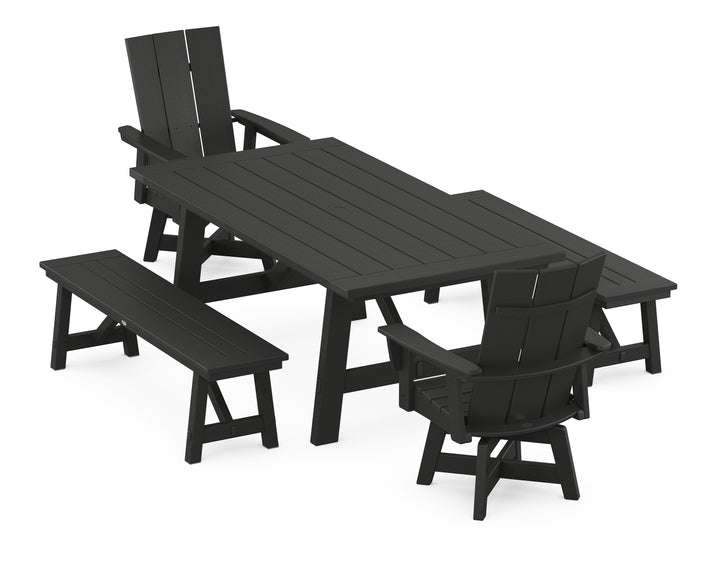 POLYWOOD® Modern Curveback Adirondack Swivel Chair 5-Piece Rustic Farmhouse Dining Set With Benches