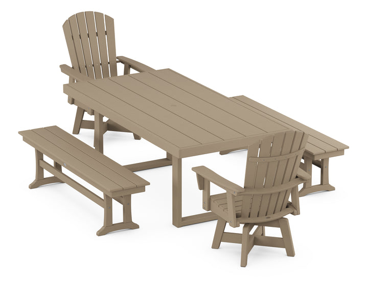 POLYWOOD® Nautical Curveback Adirondack Swivel Chair 5-Piece Dining Set with Benches