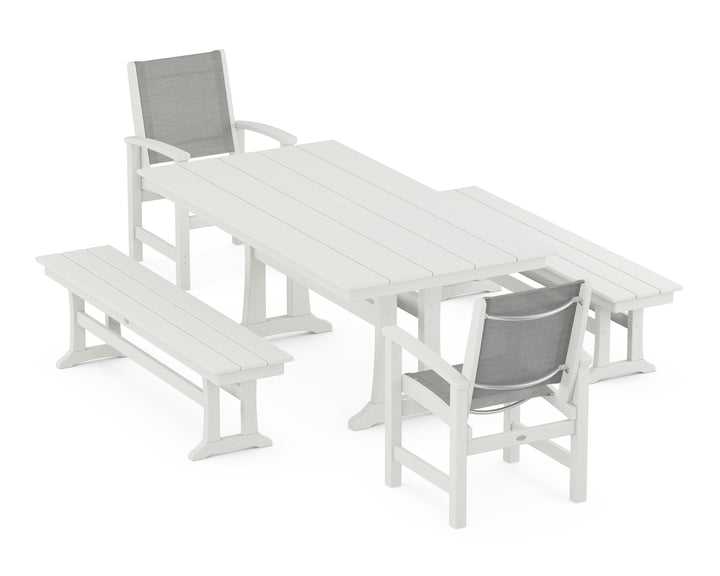 POLYWOOD® Coastal 5-Piece Farmhouse Dining Set with Trestle Legs and Benches
