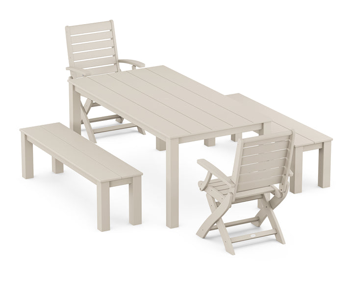 POLYWOOD® Signature Folding Chair 5-Piece Parsons Dining Set with Benches