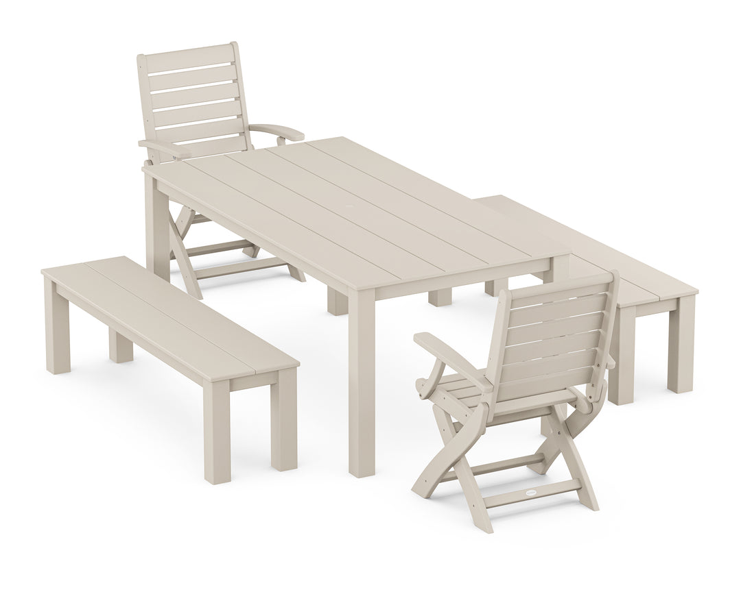 POLYWOOD® Signature Folding Chair 5-Piece Parsons Dining Set with Benches