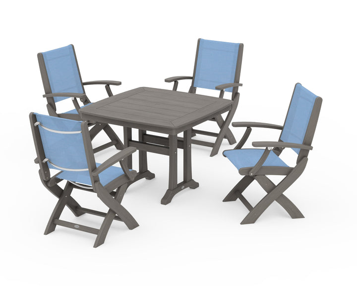 POLYWOOD® Coastal Folding Chair 5-Piece Dining Set with Trestle Legs