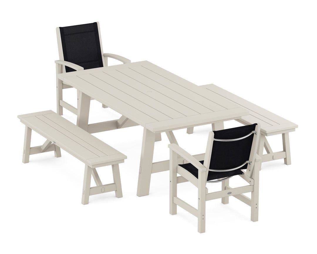 POLYWOOD® Coastal 5-Piece Rustic Farmhouse Dining Set With Benches