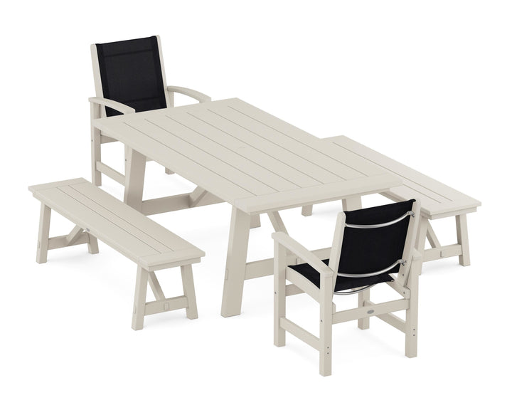 POLYWOOD® Coastal 5-Piece Rustic Farmhouse Dining Set With Benches