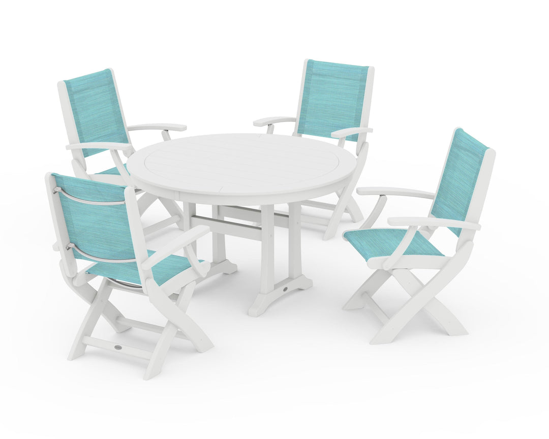 POLYWOOD® Coastal Folding Chair 5-Piece Round Dining Set with Trestle Legs