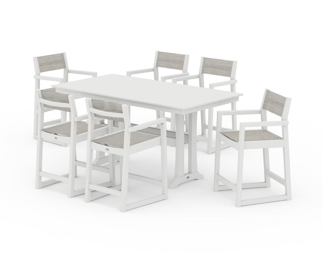 POLYWOOD® EDGE Sling Arm Chair 7-Piece Farmhouse Counter Set with Trestle Legs