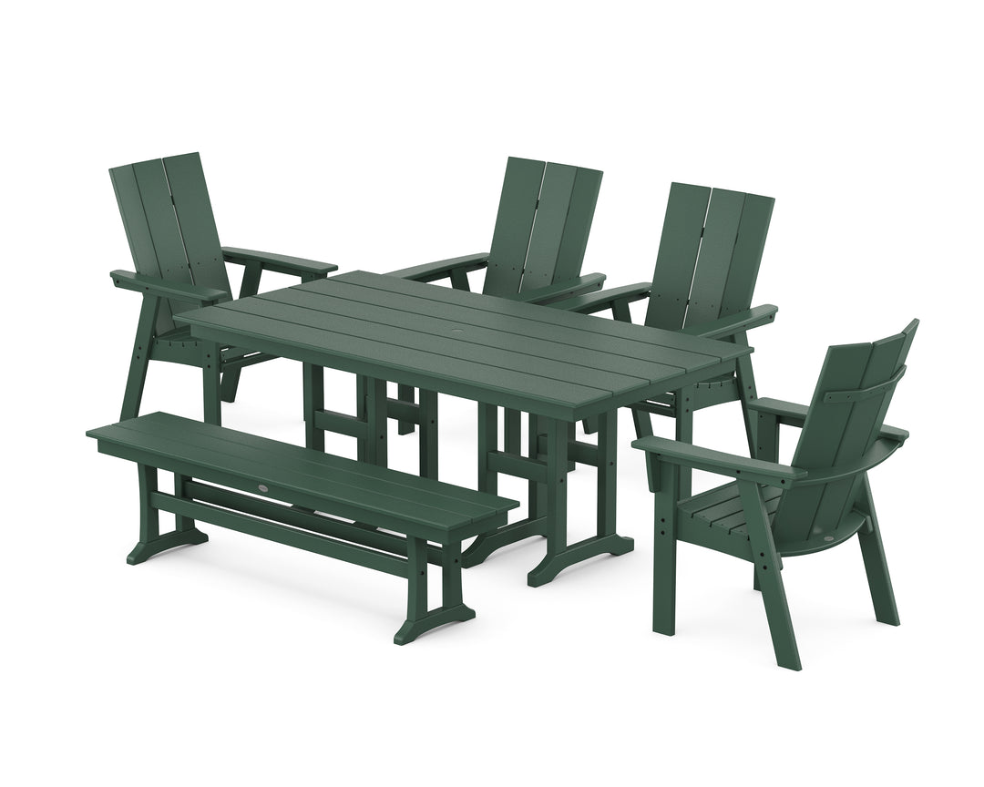 POLYWOOD® Modern Curveback Adirondack 6-Piece Farmhouse Dining Set with Bench
