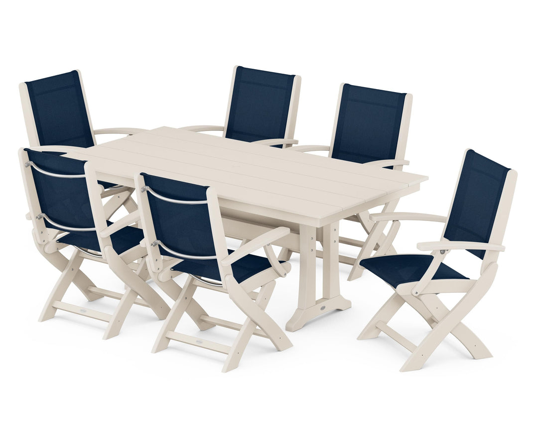 POLYWOOD® Coastal Folding Arm Chair 7-Piece Farmhouse Dining Set with Trestle Legs